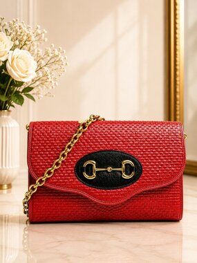 Authentic Gucci Zumi Red Raffia Leather Chain Wallet Clutch Crossbody Bag